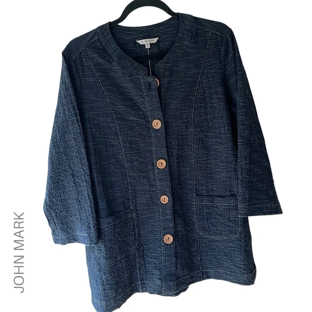 JOHN MARK NWOT TEXTURED NAVY BLUE COTTON BUTTON FRONT JACKET | SMALL